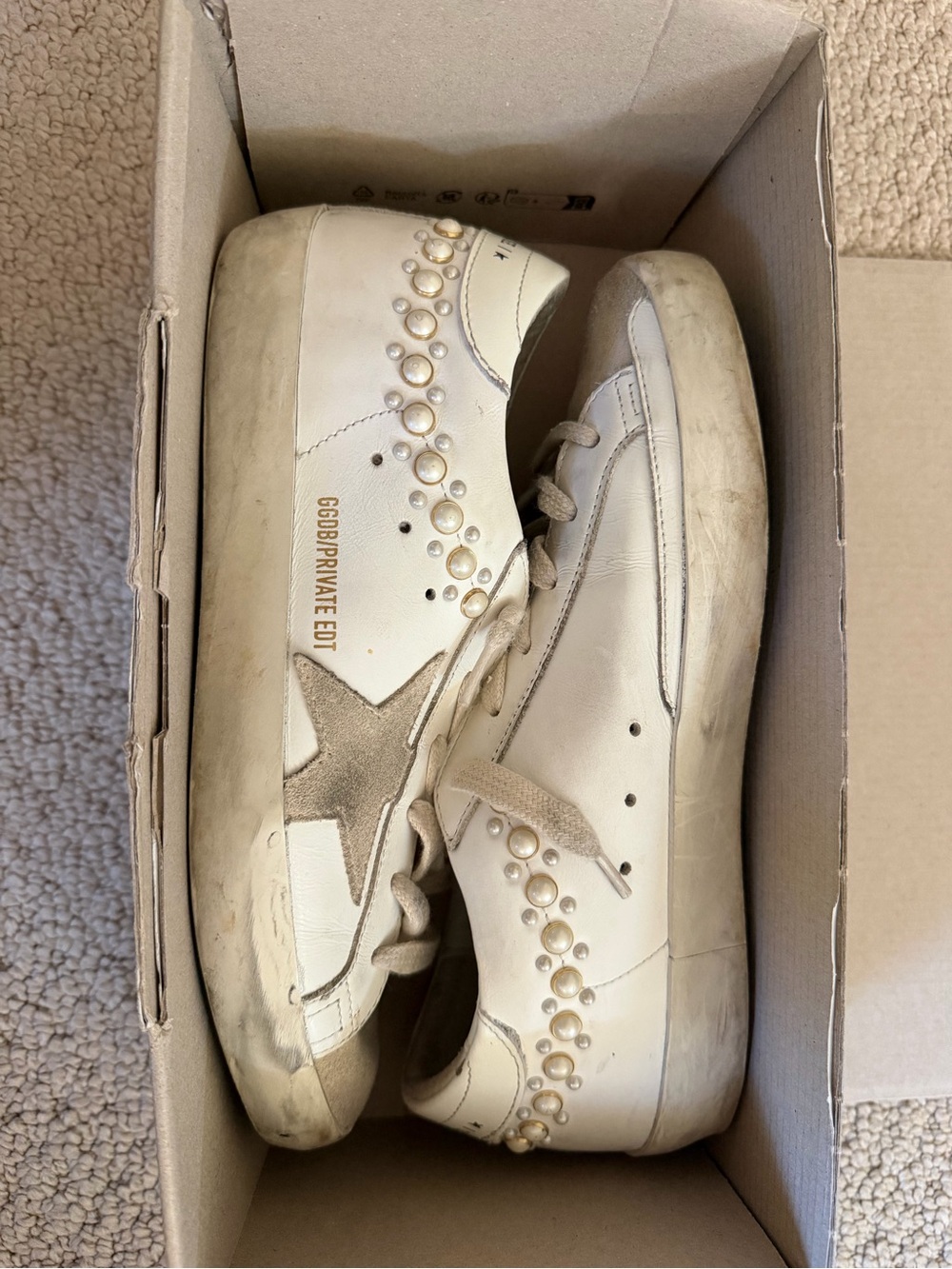 Golden Goose White Pearl-Embellished Low-Top Sneakers with Taupe Star